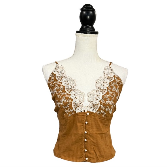 Free People Lace Button Up Smocked Stevie Cami Terracotta Copper L 0122 - Picture 8 of 12